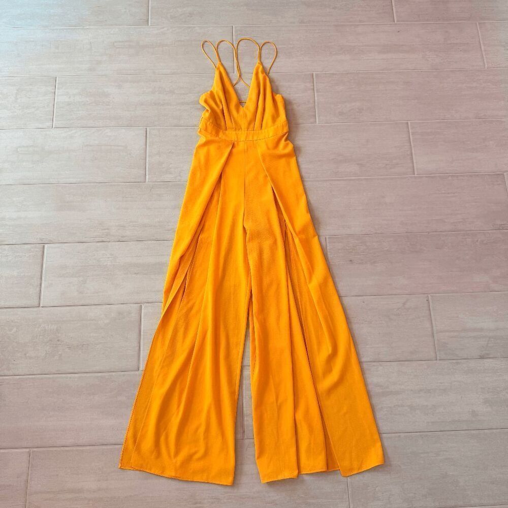 Luxxel Jumpsuit Wide Leg Romper Strappy Back Sleeveless Marigold Yellow V Neck S
